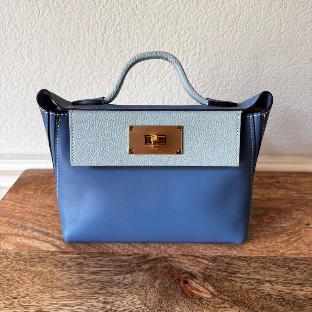 LEATHER INSIDE & OUT Baby Blue Colorblock Mini 2424 Satchel Convertible Bag